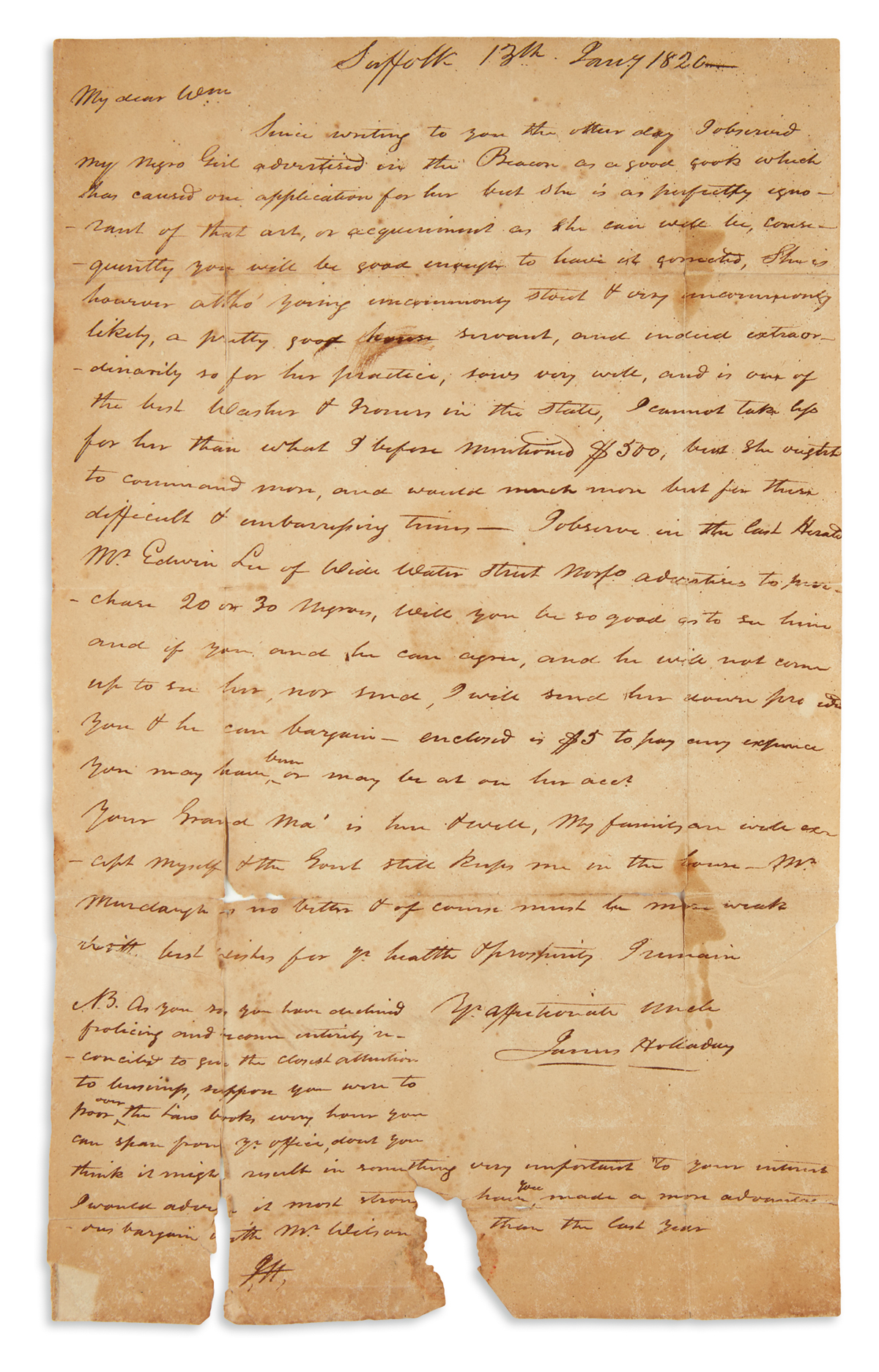 (SLAVERY AND ABOLITION.) Holladay, James. Letter describing his servant in detail for a sale advertisement.